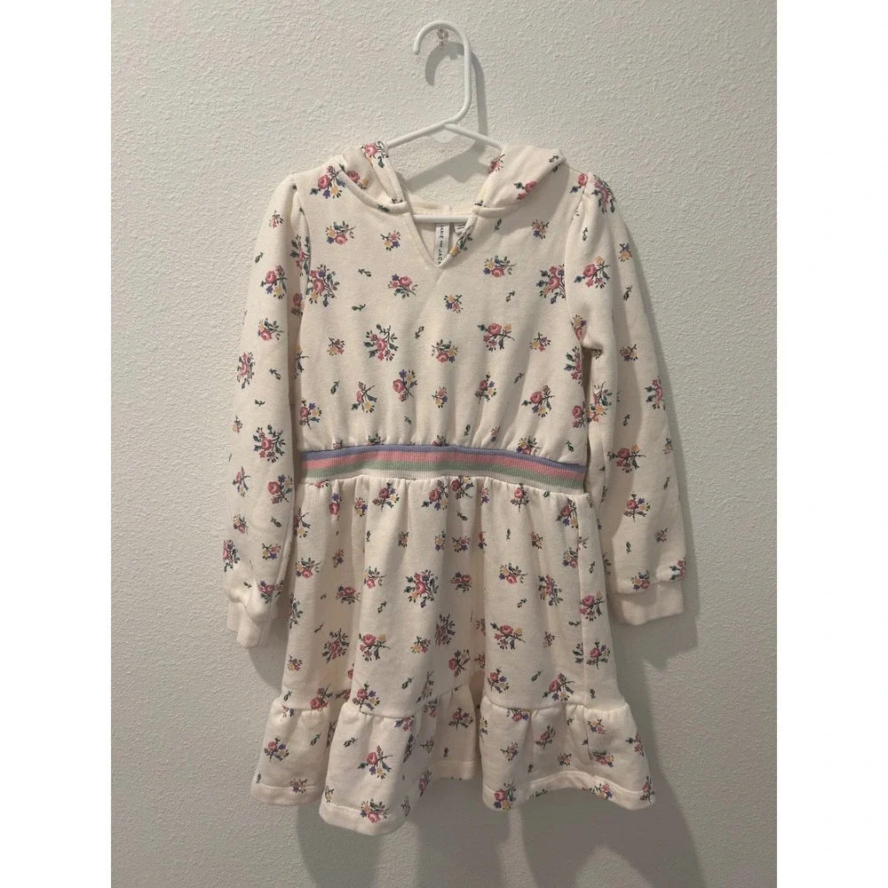 Janie and Jack Girls Floral Hooded Fleece Dress Cream Size 6 Rainbow Waistband
